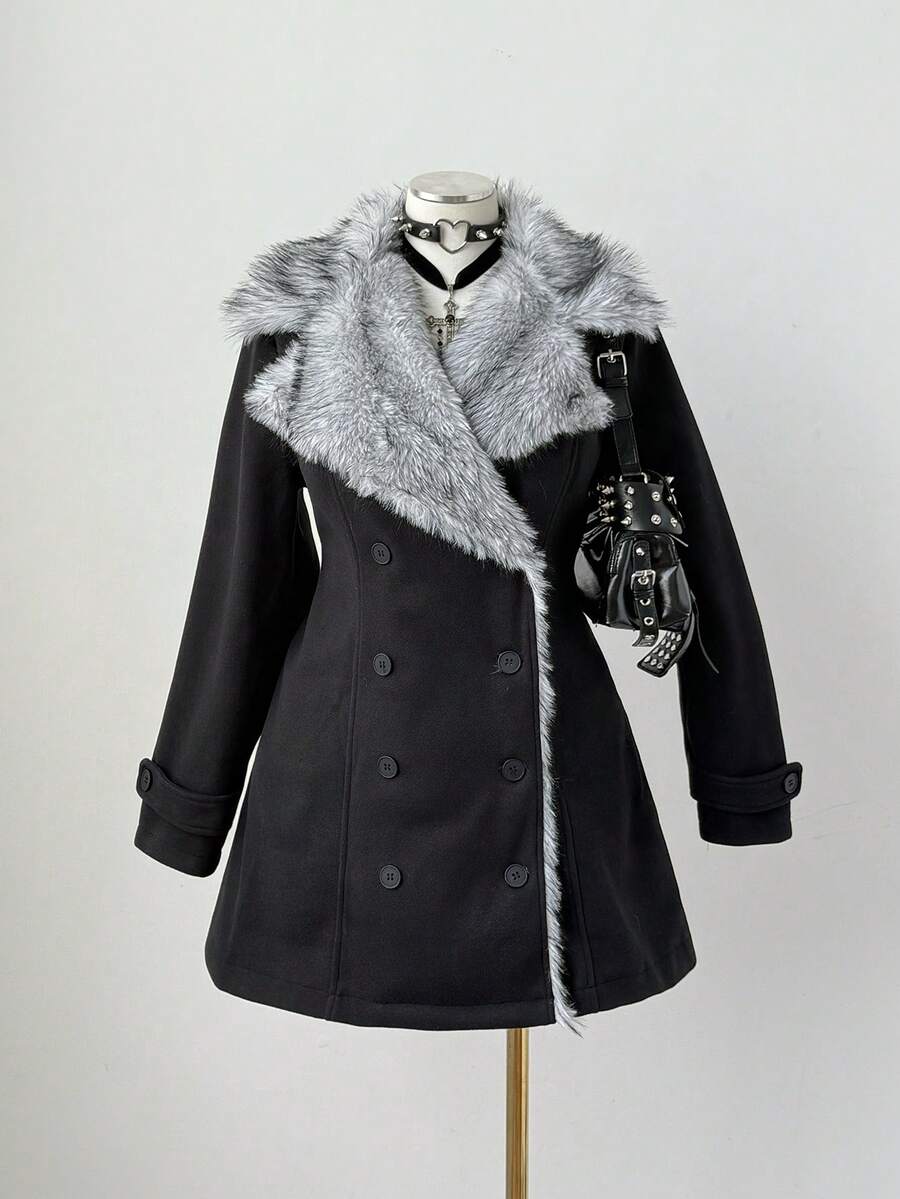 Sunspun Plus Size Women Overcoat With Faux Fur Collar And Double-Breasted Button Closure