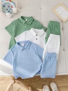 LMoss Kids 6 件装年轻男童休闲运动度假 Polo 领短袖 Polo 衫和配套松紧腰短裤套装，针织纯色舒适服装，适合儿童服装，年轻男童服装，返校，男童套装适合生日派对、晚会、表演、婚礼、洗礼、开幕式、日常使用、学校、旅行、运动、春夏季节 - 彩色 - 查看 6