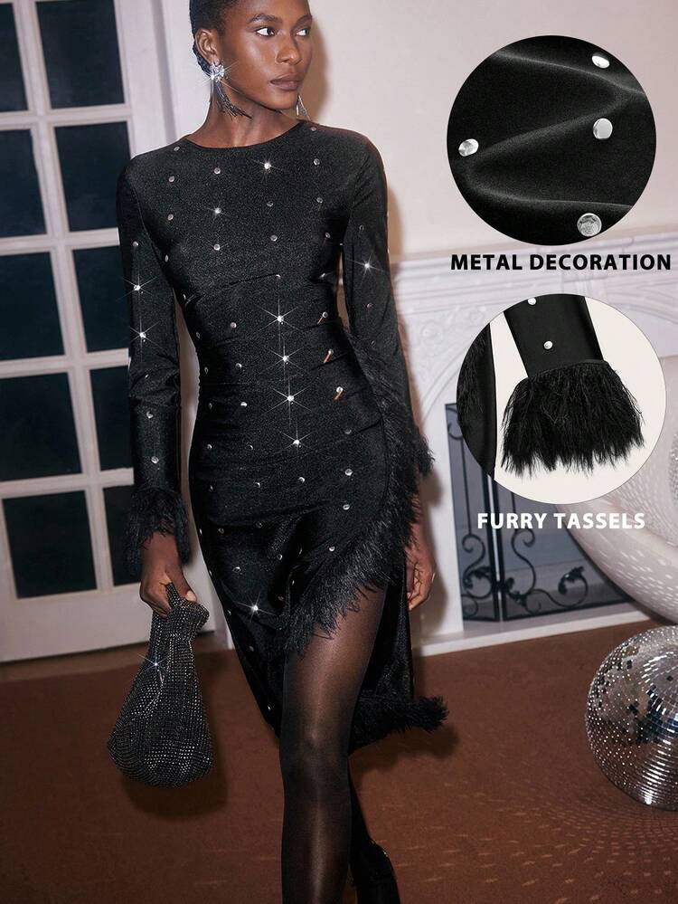 SHEIN Maija Robe fendue ajustée avec plumes et strass noirs, élégante et chic urbaine, sexy, pour l'automne