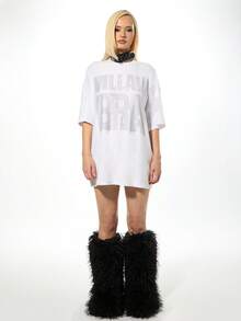 SUMWON Plus Size Rhinestone Embellished Oversized T-Shirt Dress With Short Sleeves And Crew Neck - White - View 5