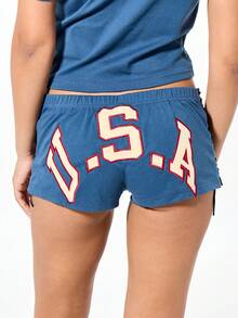 SUMWON WOMEN Ruched Side Lace-Up Jersey Booty Shorts With USA Print Detail Festival Fashion - Dark Grey - View 6