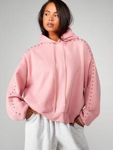 MISSGUIDED Oversized Hooded Sweatshirt With Metal Stud Details Long Sleeve Pullover Hoodie With Drawstring