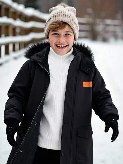 SHEIN Tween Boys' Hoodie Casual School Style Comfortable Fashion Minimalist Versatile Soft Warm Lining Long Padded Coat, Suitable For Autumn/Winter, Everyday Wear, Outdoor Play, School, Street Style, Party & Home Leisure, Boy Jackets For Kids Black, Boys Black Parka Coat Boys Hooded Winter Coat Boys Long Coats Boys Winter Coat Outwear Boy Winter Coat Fall