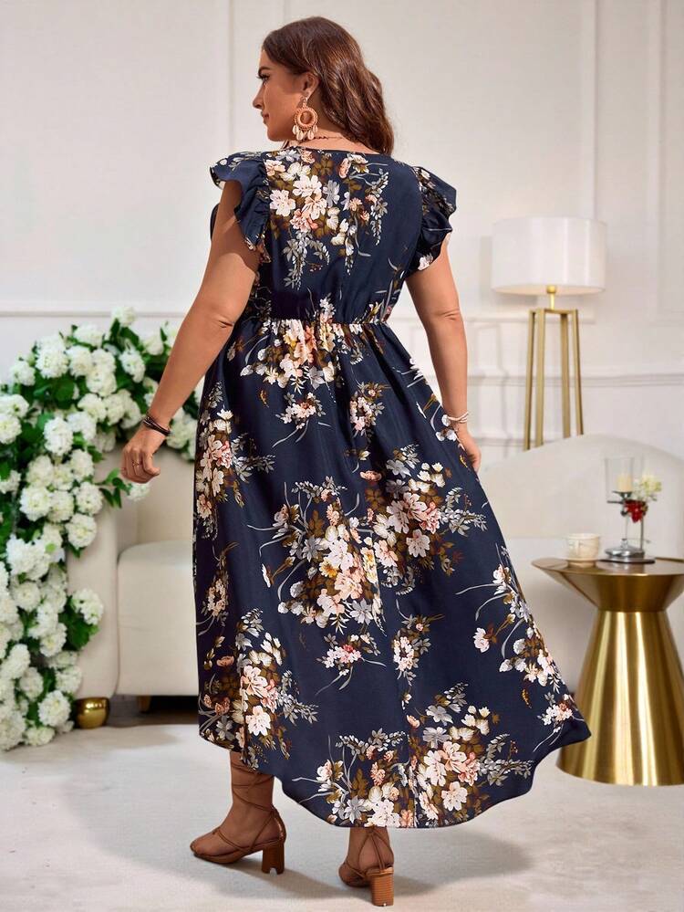 Plus Floral Print Ruffle Trim High Low Hem Dress Without Belt, Summer,Beach Dress Sundress,Holiday Outfits Boho