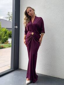 Jeta Ari Women's Solid Color Overlap V-Neck Batwing Sleeve Pleated Elegant Dress Formal Dresses For Wedding Guest - Purple - View 1