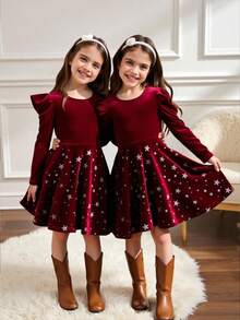 Vestido Elegante de Veludo com Manga Gigot para Meninas Jovens, Vestido de Natal para Meninas com Gola Redonda, Bainha Franzida com Estampa Metalizada de Estrela de Cinco Pontas, Bordô - Vinho - Visão 6