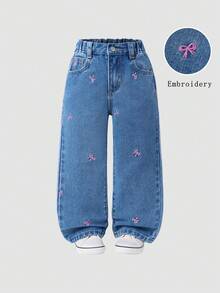 SHEIN 年轻女孩牛仔裤，秋冬新款时尚可爱街头风格蝴蝶结刺绣宽松直筒牛仔裤 - 中等水洗藍 - 查看 3