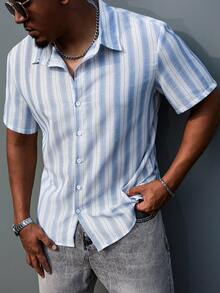 Manfinity Homme Áo sơ mi nam tay ngắn cài nút phía trước kẻ sọc cỡ lớn, áo sơ mi nam tay ngắn màu xanh thường ngày, áo sơ mi nam sọc, áo sơ mi nam cài nút mùa hè, quần áo mùa hè, áo sơ mi nam - Nhiều màu - Xem 4