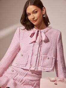 Enchnt 秋冬浪漫女士粉色花式纱线流苏粗花呢精致珍珠纽扣装饰蝴蝶结领长袖公主外套，别致优雅时尚，适合派对、约会、节日、毕业典礼、外出、万圣节、圣诞节、秋季、新年等场合。 - 粉色 - 查看 4