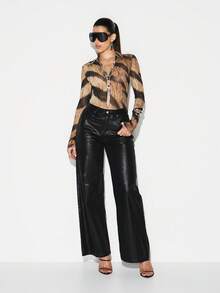 KIZN Long Sleeve Mesh Animal Print Collared Bodysuit With Button Front Closure