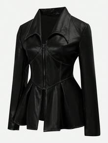 SHEIN Unity 女士哥特朋克风休闲舒适PU皮夹克，腰部收紧设计，适合万圣节角色扮演 - 黑色 - 查看 3