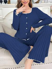 女士休闲加绒长袖上衣和裤子家居服两件套，藏蓝色家居服套装，秋冬款 - 藏蓝色 - 查看 3