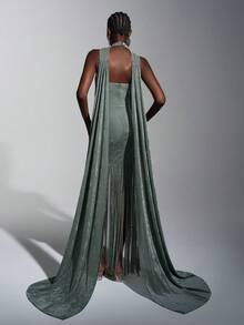 Elitara 优雅、浪漫、性感、简约、灰绿色、天鹅绒面料、流苏装饰、手工串珠、亮片拖尾、时尚、节日、度假、生日派对、婚礼活动、正式晚礼服 - 綠色 - 查看 8