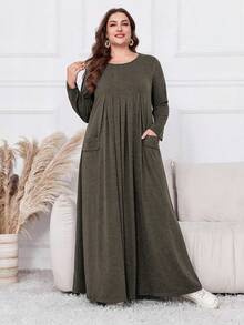 Lacomfia 大码女式休闲超长连衣裙，春秋季长款女装 - 棕色 - 查看 3