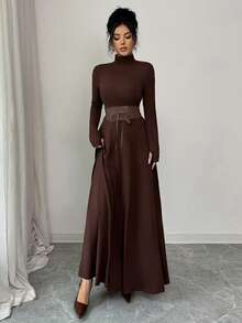 SHEIN Elenzya Váy dệt kim dài màu trơn sang trọng dành cho nữ, thiết kế cổ cao một nửa, ôm vừa vặn, trang trí thắt lưng thon gọn, váy thanh lịch cổ điển, phù hợp mặc hàng ngày, hẹn hò, ăn tối, cặp đôi, lớp trong thu đông, lớp ngoài xuân - màu nâu - Xem 7