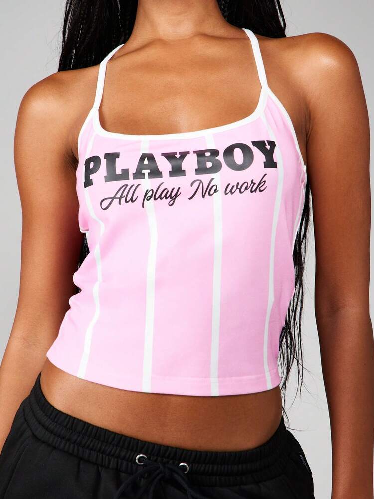 Missguided x Playboy 슬로건 프린트가 있는 스트라이프 탱크 탑 여름 캐주얼 민소매 캐미