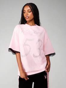 Missguided x Playboy Rhinestone Number 53 Oversized T-Shirt With Lace Trim Detail For Casual Streetwear - Pink - View 4