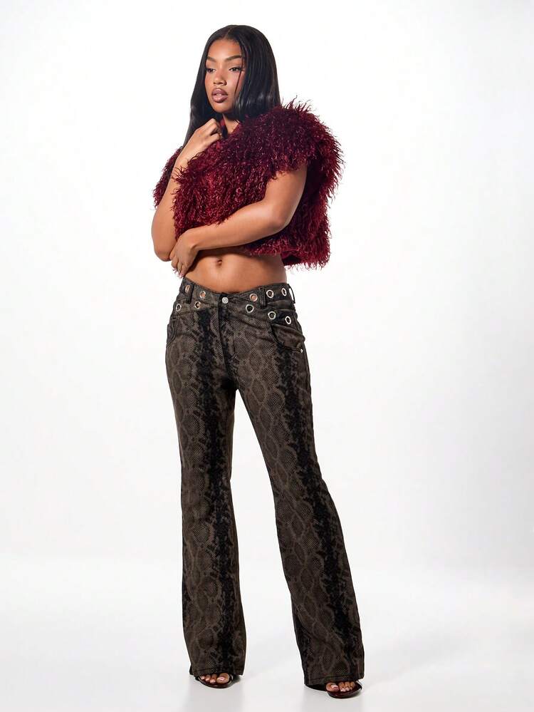 SUMWON WOMEN Snake Print Denim Flare Jeans With Eyelet Details