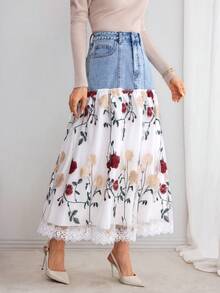 Selianne 女士中长款牛仔撞色网眼甜美高腰 A 字裙 - 中等水洗藍 - 查看 3