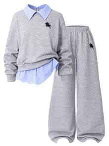 Sparklyn Set de 2 piezas para niñas preadolescentes: Sudadera estampada + Pantalones de pierna ancha, conjunto casual con cuello y bajo a rayas azul y blanco con parches