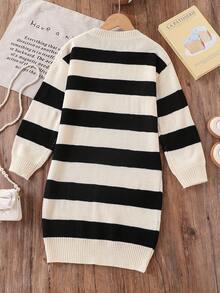 SHEIN 1pc Girls' Oversized Sweater Dress,Black And White Striped,Autumn Casual Back-To-School V-Neck Loose Long Sleeve Knit School Dress For Teen Girls - Multicolor - View 2