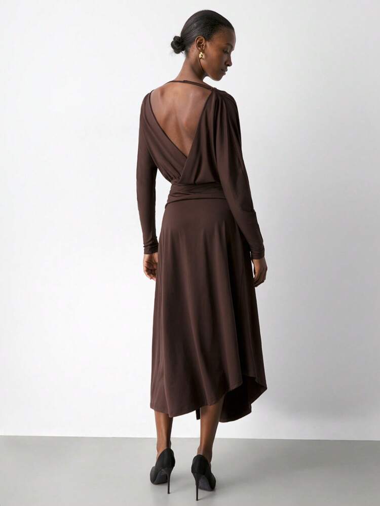 SHEIN Maija Women's Elegant Solid Color Backless Waist Cinched Slit Dress, Autumn Party Dresses For Women Elegant Dresses For Party  Brown Dress Elegant Dresses For Party Brown Dress