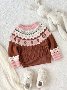 SHEIN Infant/Toddler Retro Floral Pattern Knit Sweater - Brown - View 4