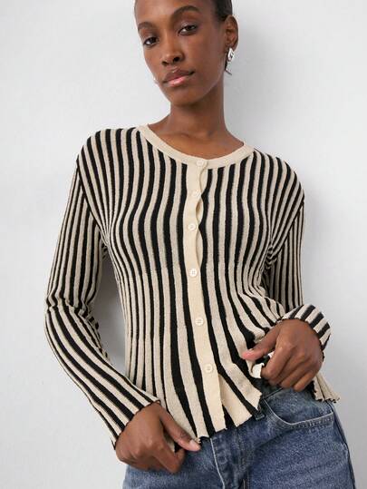 Maija Women's Casual Striped Button-Up Long Sleeve Sweater, Autumn/Winter