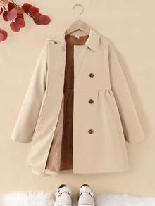 SHEIN Tween Girls Solid Simple Color Long Coat With Lapel, Suitable And Warm For Autumn Winter, Daily Wear, Casual Occasion, Back To School Girls Trench Coat Girls Winter Coat Kids Trench Coat Girls Coat
