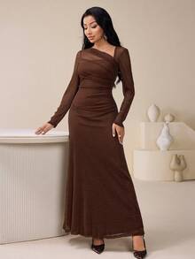 Modelyn 女士优雅不对称领口长袖连衣裙，适合派对 - 摩卡棕 - 查看 6