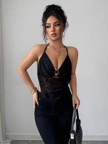 Rafferiza 女士优雅性感内衣外穿黑色蕾丝金属扣镂空领露背吊带上衣，适合秋冬季节、新年、感恩节派对、婚礼等场合，尽显优雅气质。 - 黑色 - 查看 5