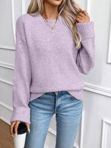 EMERY ROSE 女式紫色宽松落肩圆领罗纹袖口套头衫 - 紫色 - 查看 5