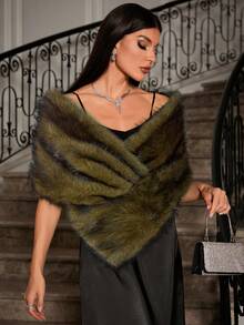 Zolique 女士纯色 Toca 人造毛皮披肩，冬季，派对大红色毛皮披肩，适合节日派对服装 - 軍綠色 - 查看 1