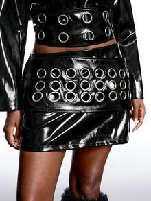 LYSMO Plus Size Women Solid Color PU Leather Eyelet Design Short Skirt