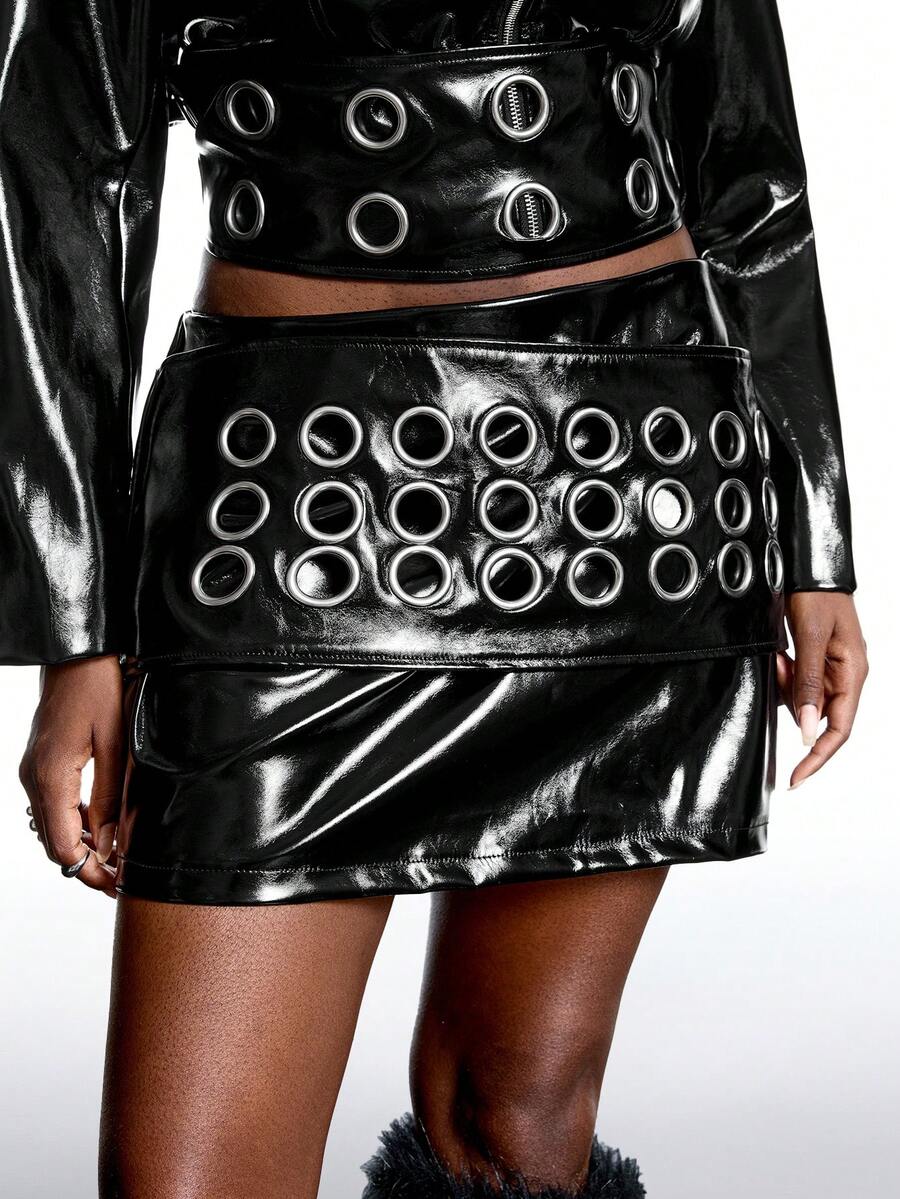 LYSMO Plus Size Women Solid Color PU Leather Eyelet Design Short Skirt