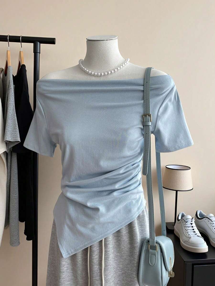 Lalippa Women's Summer Casual Off Shoulder Pleated Fitted Asymmetrical Hemline T-Shirt - Blue - View 1