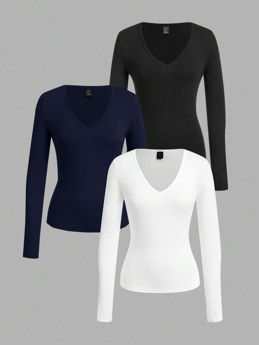 SHEIN EZwear 3 件套女士深 V 领修身休闲长袖 T 恤套装,适合春秋季 - 彩色 - 查看 1