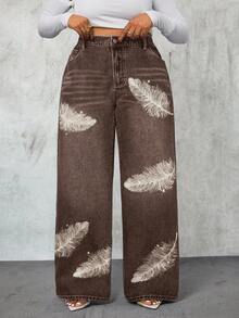 Slaydiva 大码女式高腰羽毛图案口袋阔腿宽松休闲牛仔裤 - 咖啡棕 - 查看 5