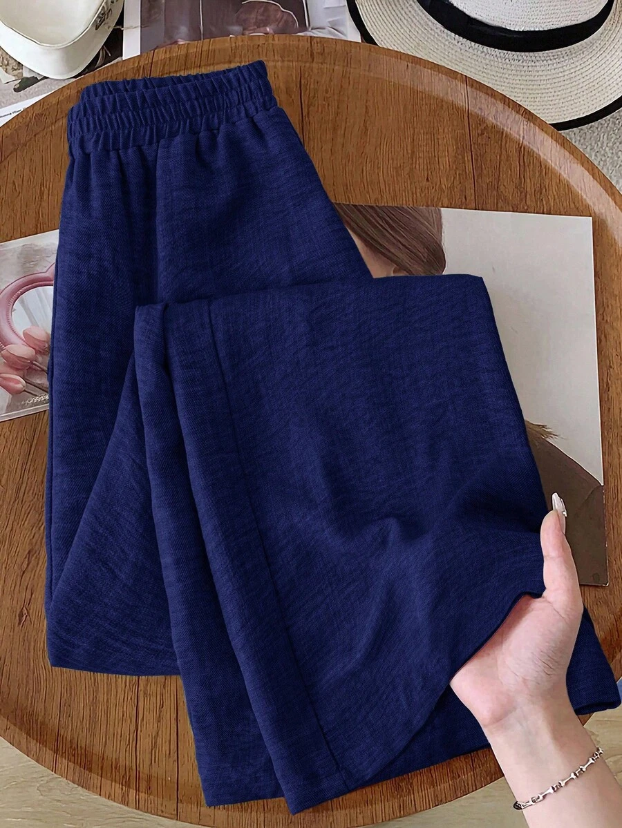 Rusticease Women's Casual Solid Color Wide Leg Pants Navy Blue - Blue - View 1