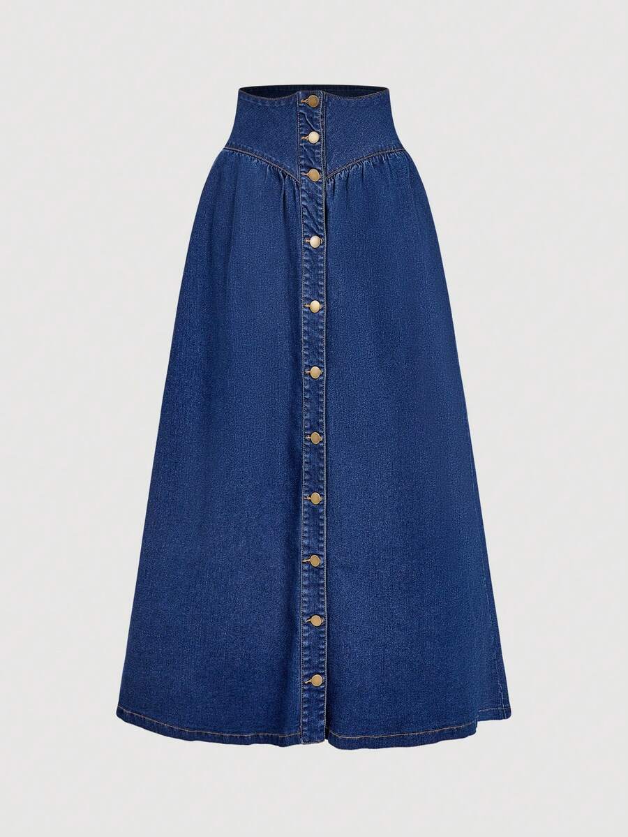Sweetra 时尚休闲宽腰带前开牛仔A字裙 - 中等水洗藍 - 查看 1