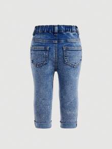 SHEIN Baby Girl Cute Blue Denim Thermal Lined Elastic Skinny Pants,Fall,Winter, Casual And Fashionable Vacation,Halloween Denim Jeans, Christmas, Baby Elastic And Comfortable Denim Jeans - Medium Wash - View 6