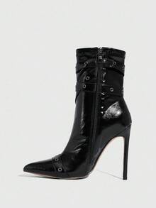 Daringsoles 女式尖头扣环设计闪亮尖头细高跟中筒靴 - 黑色 - 查看 5