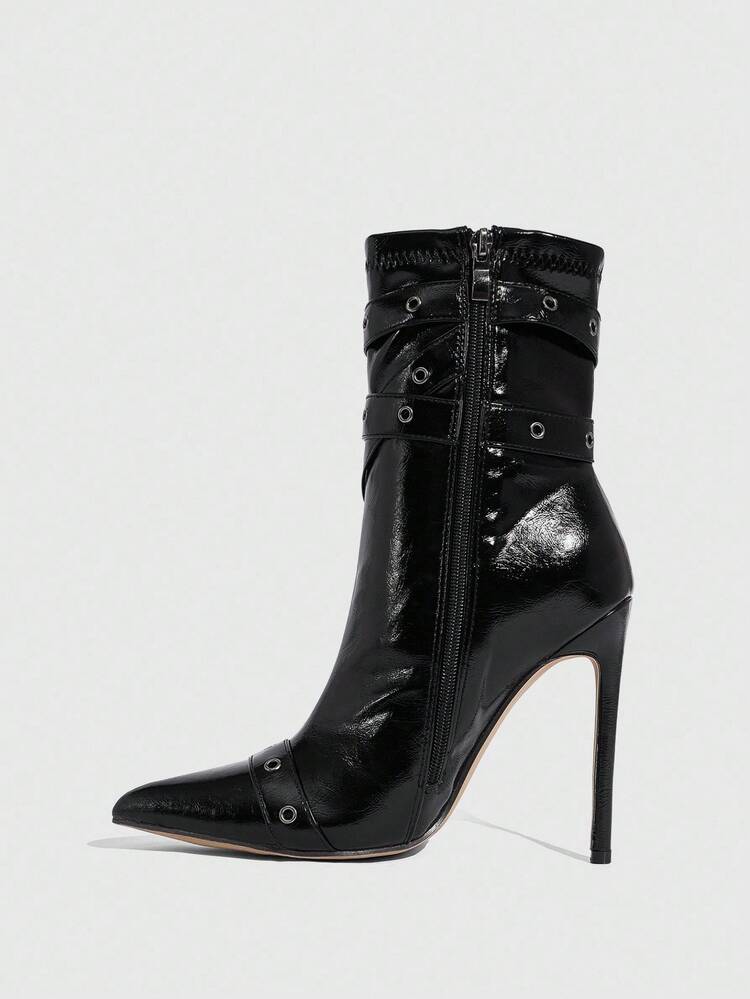 Daringsoles 女式尖头扣环设计闪亮尖头细高跟中筒靴 - 黑色 - 查看 5