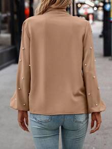 EMERY ROSE Women's Faux Pearl Tie Neck Elegant Long Sleeve Blouse - Mocha Brown - View 2