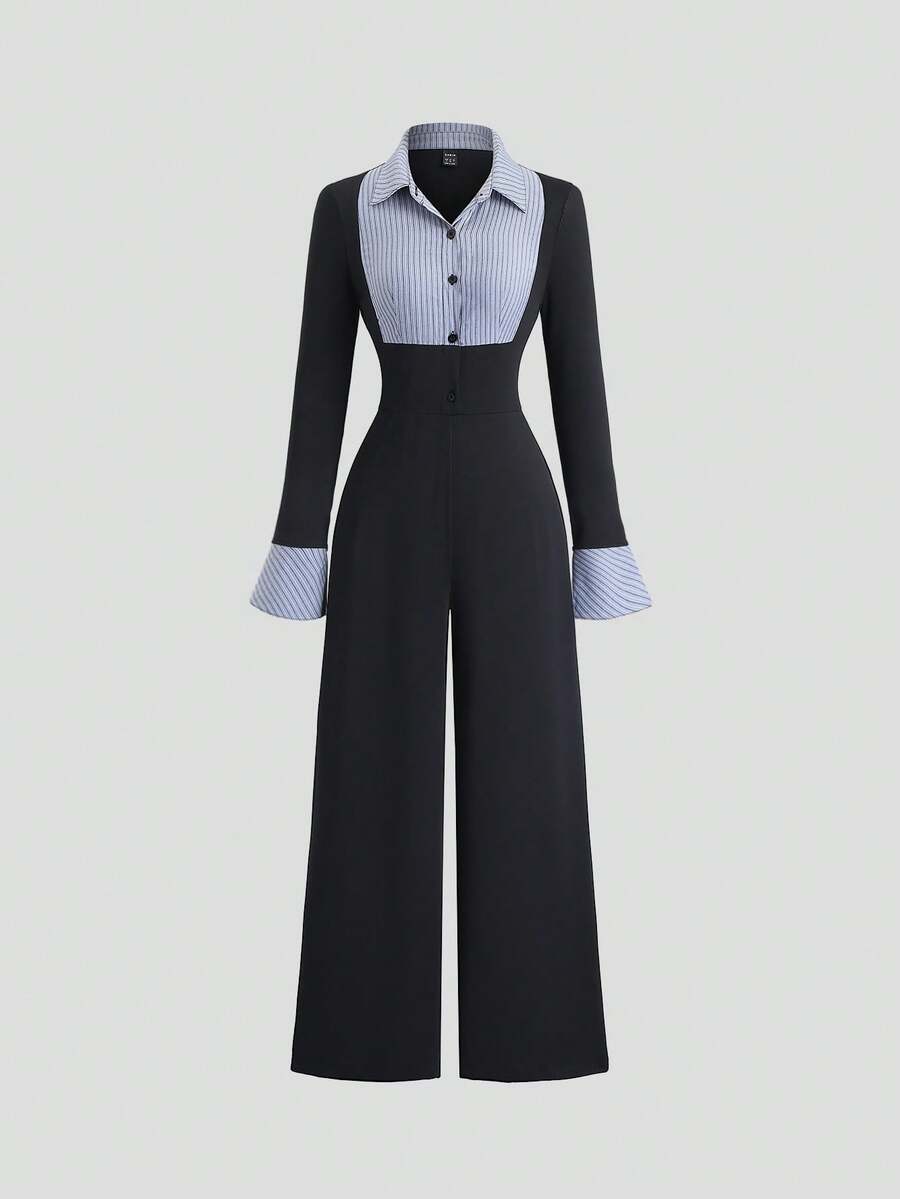 Sweetra Casual/Professional Striped Shirt Collar Patchwork Knit Black Flared Cuff Collegiate Style Women Long Sleeve Jumpsuit, Autumn/Winter - Black - View 1