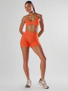 Musera Sport Solid Ruched Bust Open Back Halter Sports Bra , Active Comfy Workout Gym Outfit Running Run Club ,Padel, Tennis, Pickleball Gym Yoga Pilates Fitness Daily Casual - Orange - View 3