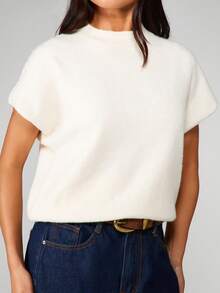 MISSGUIDED Cream Short Sleeve Knitted Sweater Round Neck Casual Top For Spring Summer - Apricot - View 6