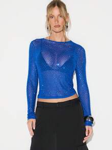 Top de manga larga con cuello redondo, con aplicaciones de lentejuelas y malla, para fiestas y clubes - Azul - Ver 3