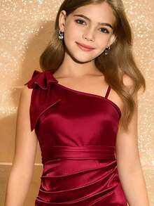 Tween Girls' Elegant Minimalist Fashion One-Shoulder Sleeveless One-Side Asymmetrical Shoulder High-Waist Long Slit Design Solid Satin Glossy Material High-End Bow Decor Graduation/Prom Dress, Burgundy, Suitable For Birthday, Christmas, Halloween - Burgundy - View 3