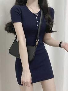 DAZY 女士纯色修身短款连衣裙夏季太阳裙，休闲女装 - 藏蓝色 - 查看 1